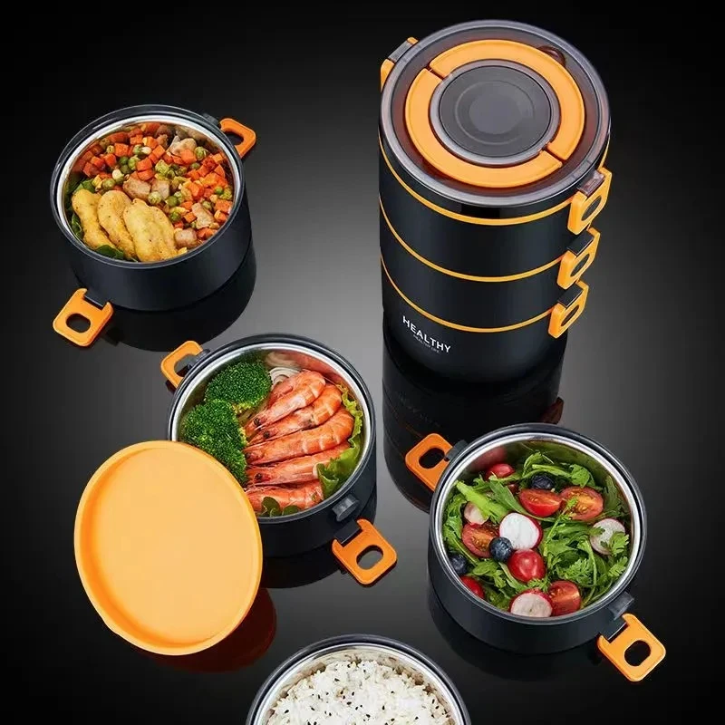 Multi-layer Round Lunch Box Stainless Steel Insulated Leakproof Bento for Kids Adults Portable Microwave Container School Picnic