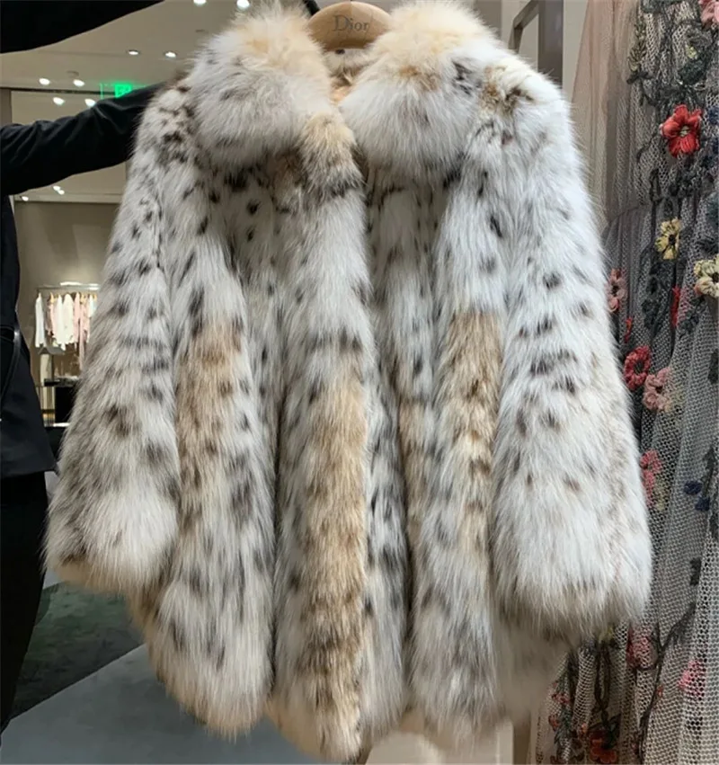 Casaco de pele manchada com estampa de leopardo feminino, pele de raposa de comprimento médio, novo, outono e inverno, 2022