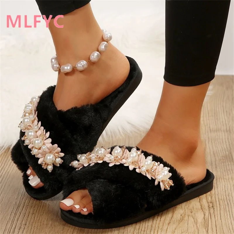 Fish Mouth Flat Bottom Mao Mao Tuo 2023 New Type One Line Pearl Flower Fashion Outwear Slippers for Women