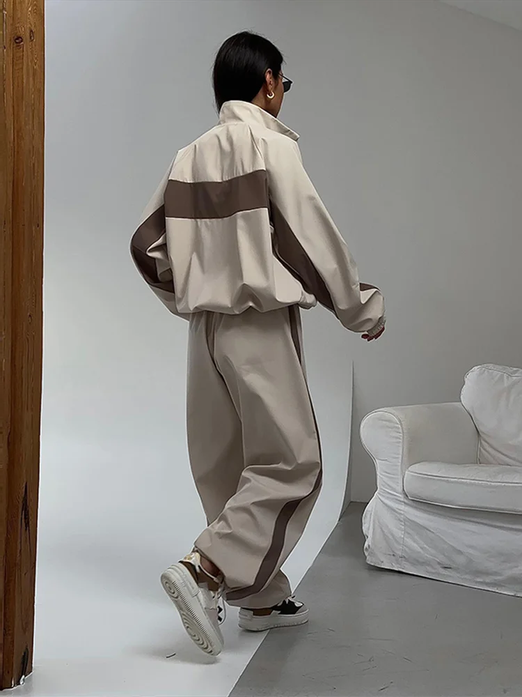 Getäfeltes, langärmliges, übergroßes Oberteil, Hosen-Sets für Damen, Streetwear, Laternenärmel, Reißverschluss, lockerer Mantel, Hose mit weitem Bein, modische Sportbekleidung – Detail 21