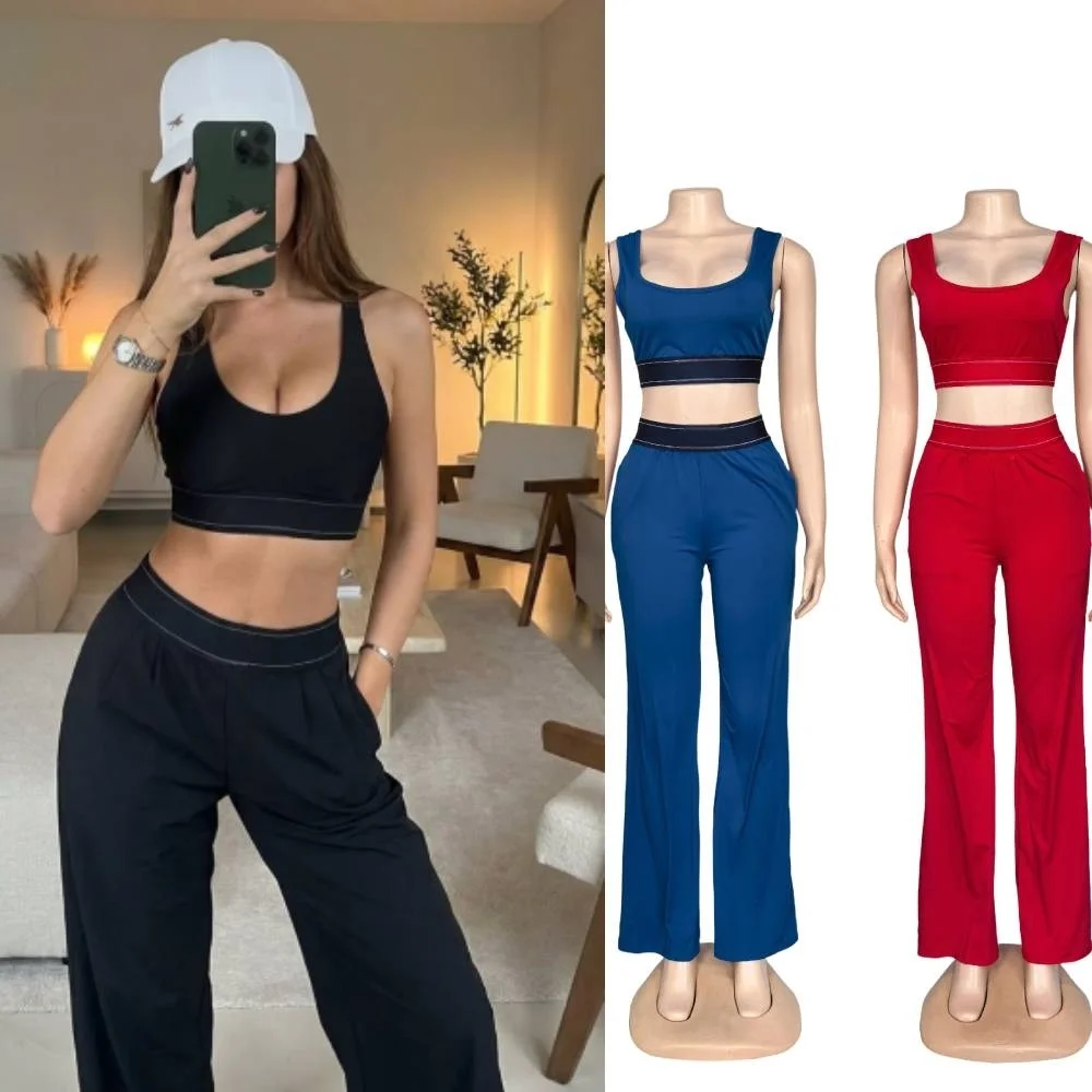 Two Piece Outfit Soft Solid Color Sleeveless Tank Top High Waist Casual Long Pants Multiple Colors Q6344