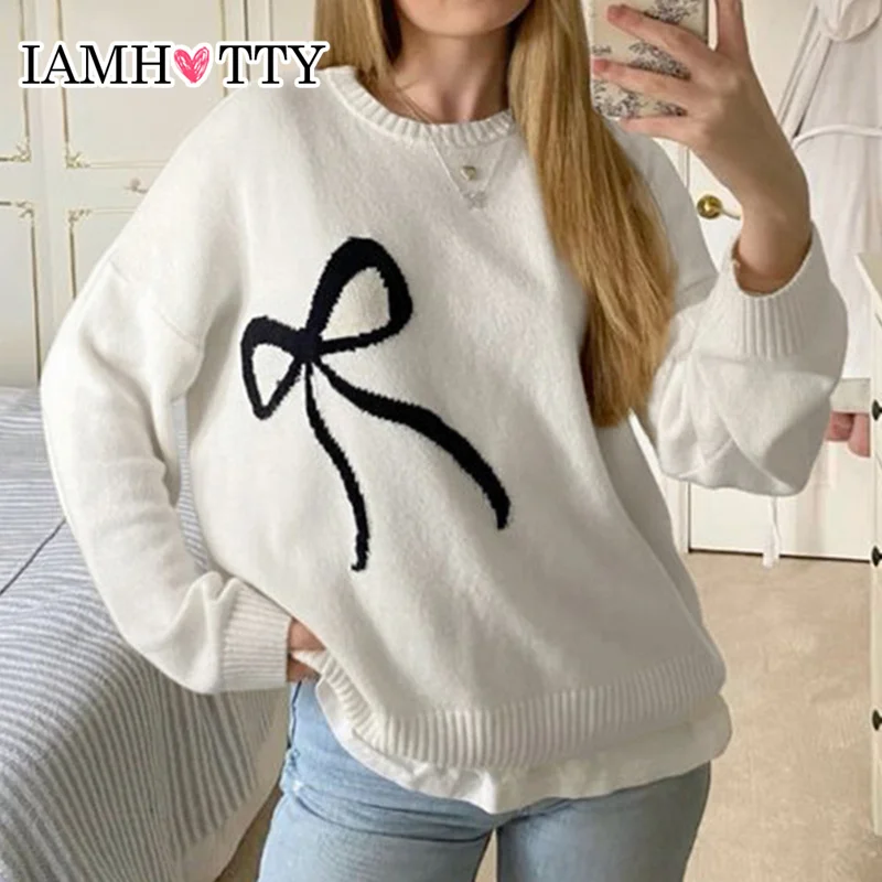 

IAMHOTTY Y2K Bow Sweater Autumn Winter Crew Neck Loose Knitting Pullovers Chic Elegant Jerseys Cute Knitwear Harajuku Tops New