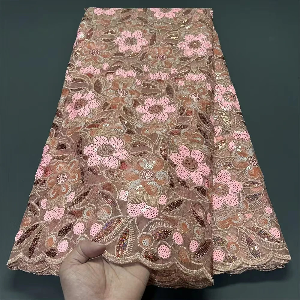 Latest African Lace Fabric High Quality,Fabrics By The Meters,Sequin,Tulle,Wedding Dresses,Embroidery,Mesh,Cloth,Dress 5 Yards