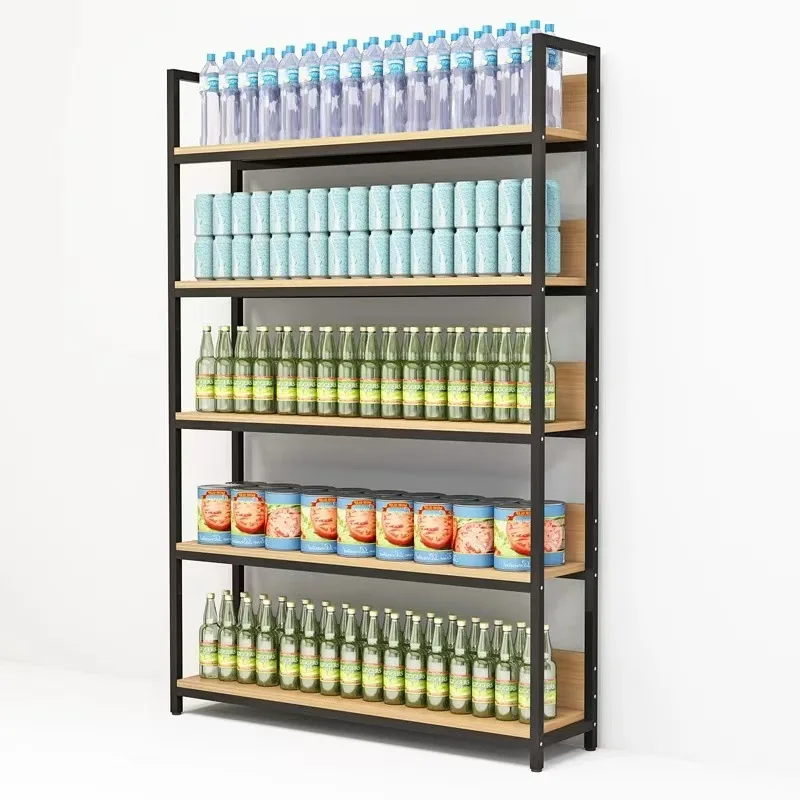 

custom.Customized Wood Grain Supermarket Shelving Wood Metal Retail Shelf Display Rack Multilayer Grocery Store Gondola Shelf