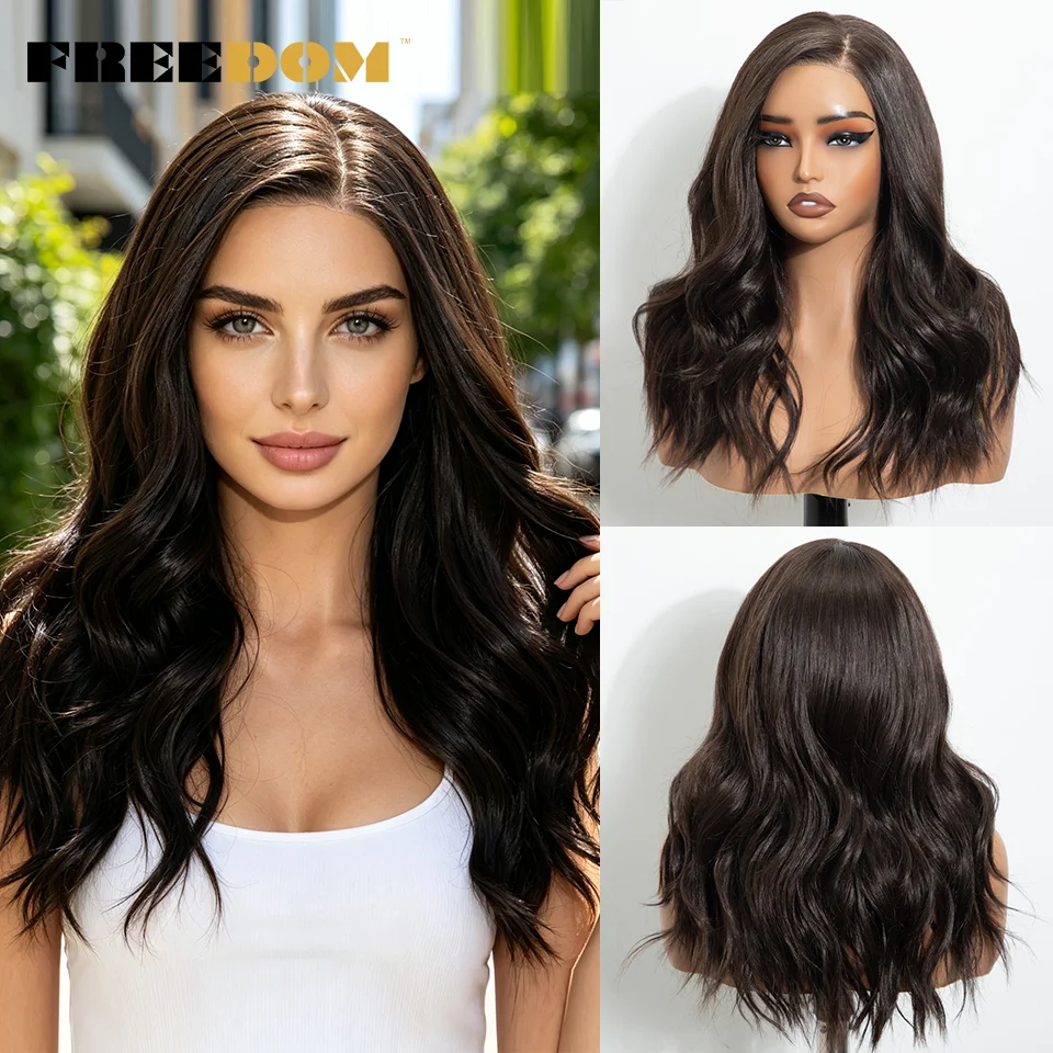 FREEDOM 6x4 Vorgezupfte Synthetische Lace-Front-Perücke für Frauen, Natürlich Gewellt, Kleberlose Lace-Perücke, Ombre Braun, für den täglichen Gebrauch – Detail 7
