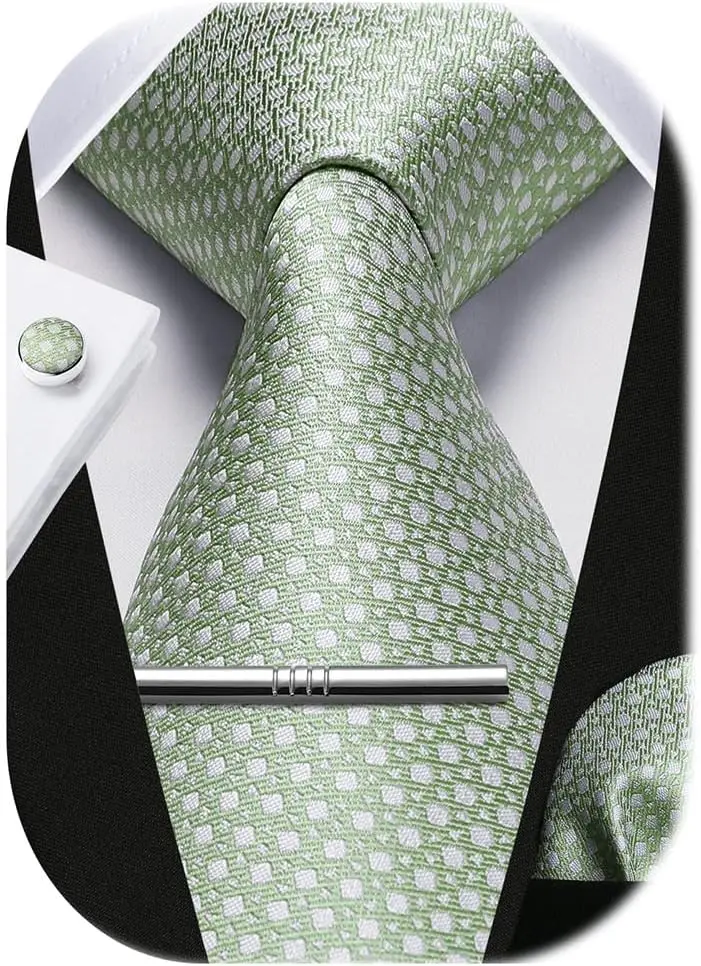 Conjunto de Corbata a Cuadros Clásico con Pañuelo de Bolsillo, Gemelos y Pasador de Corbata para Hombre de Negocios