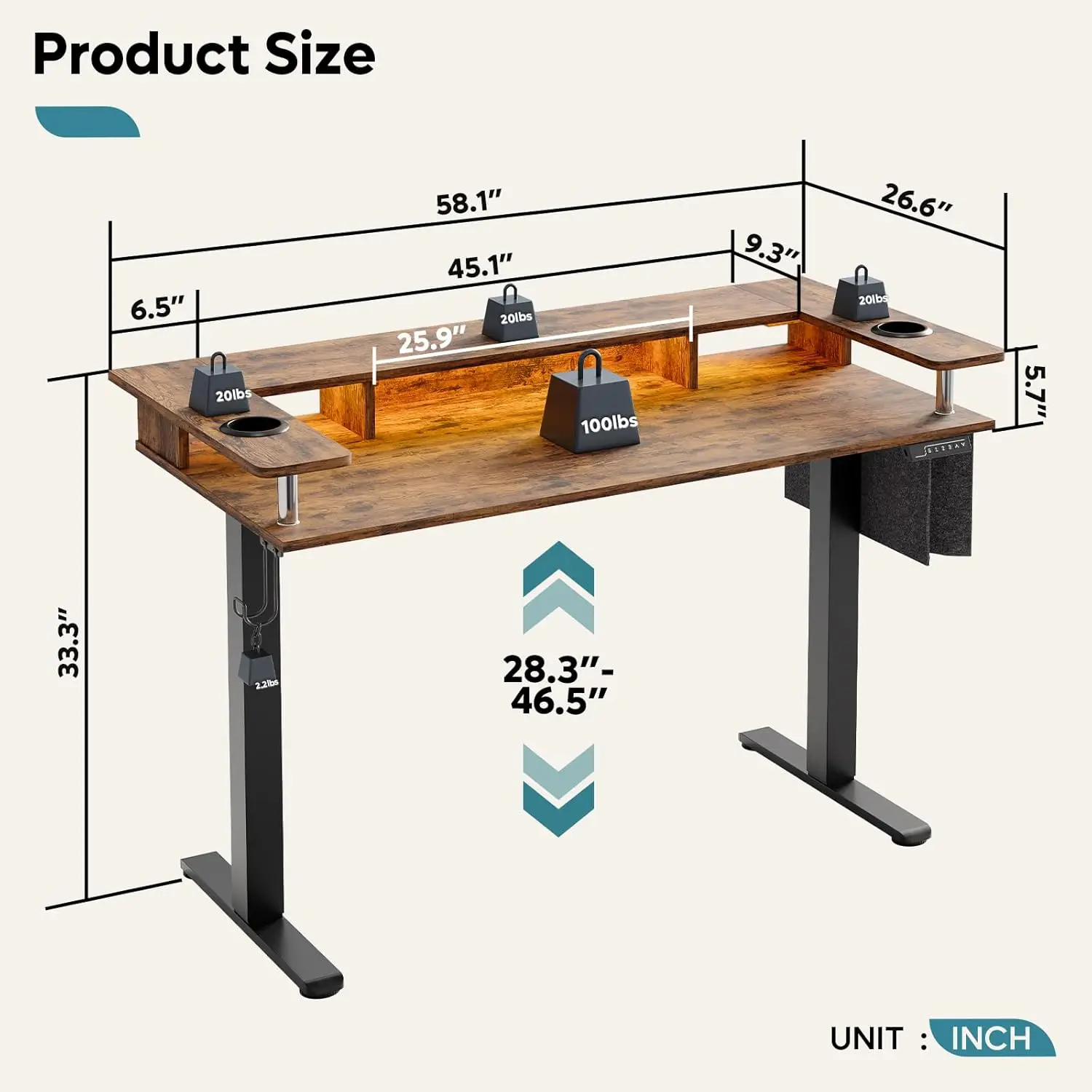 Bureau debout électrique à LED réglable, grand support assis avec support de moniteur, bureau ergonomique pour la maison, recommandé, 58x26 pouces