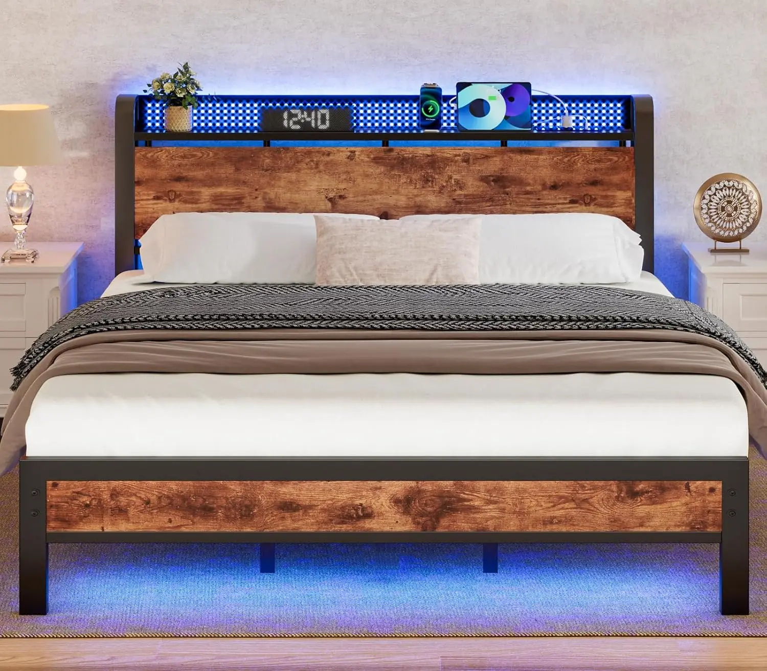 Extra large bed frame with LED lights, industrial storage rack headboard, power socket and USB port