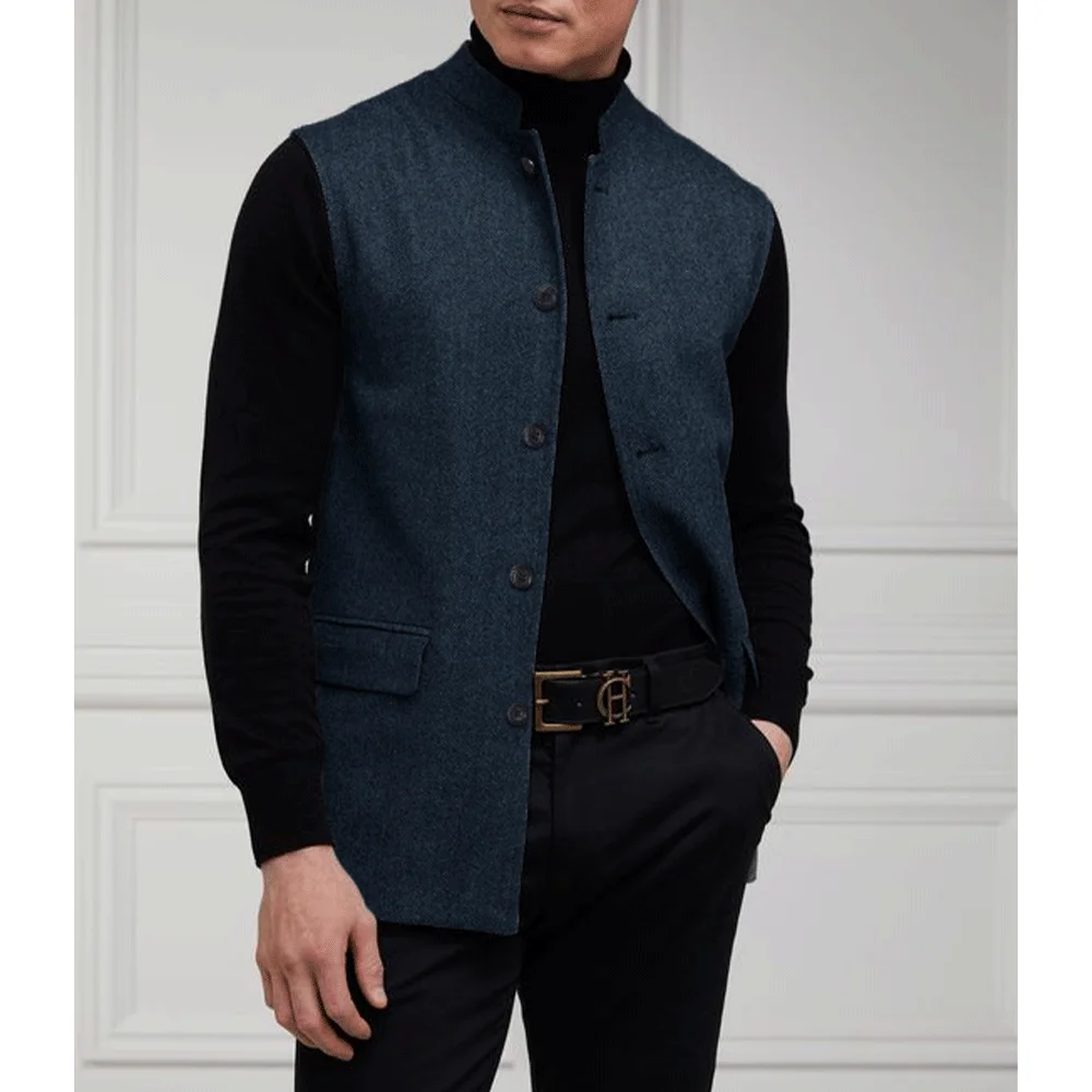 Gilet da uomo colletto alla coreana cappotto senza maniche top abiti Casual per uomo gilet monopetto gilet da uomo autunno a spina di pesce Tweed