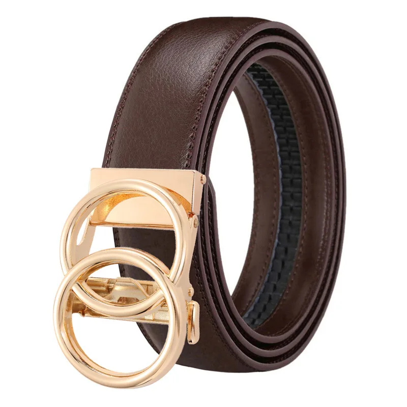 Herren Mode Einfacher Rindsledergürtel mit Doppelring-Automatikschnalle Stilvoller Gold-Silber-Legierungsgürtel für Hosen – Detail 9