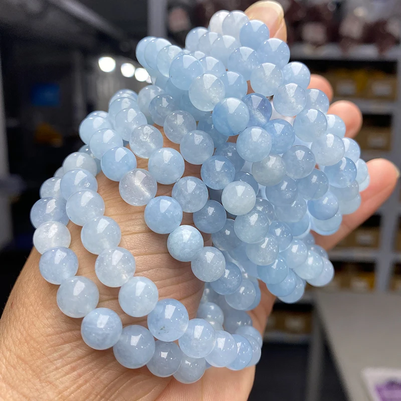 High Quality Imitation Aquamarine Chalcedony Round Bead Bracelets 6 8 10mm Women Spiritual Healing Elastic Bracelet Jewelry Gift