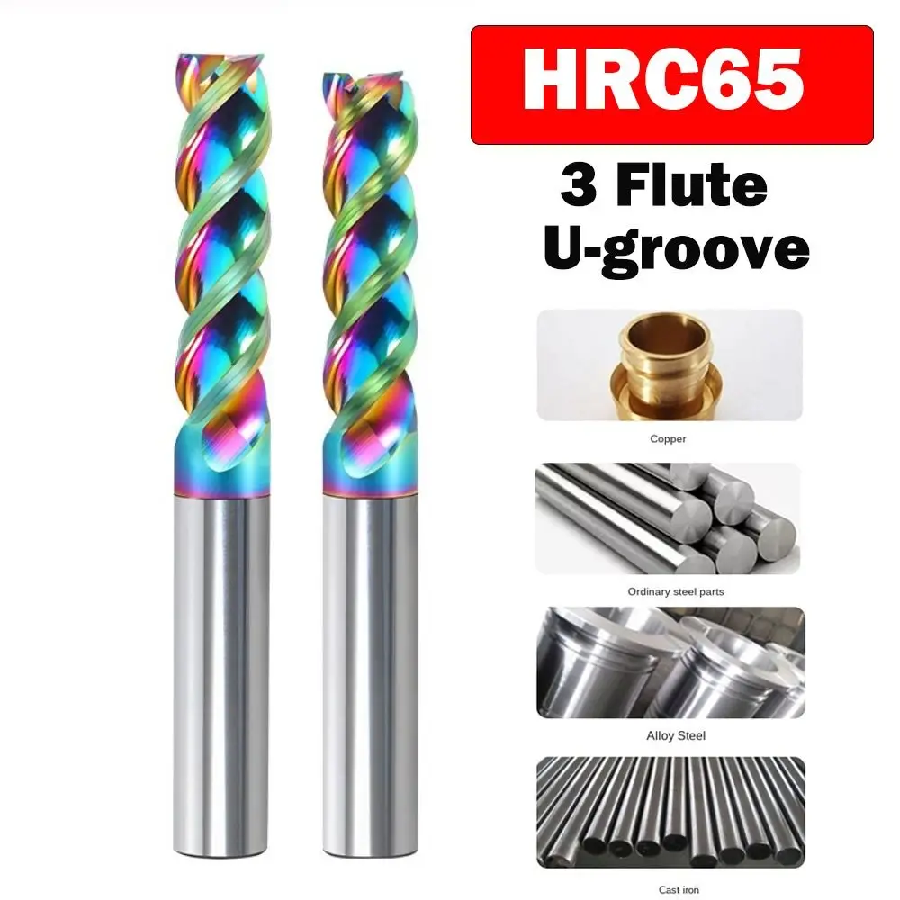 Special CNC HRC65 3 Flute End Mill U-groove Color CNC Carving Bit Coated High Gloss Aluminum Metal Milling