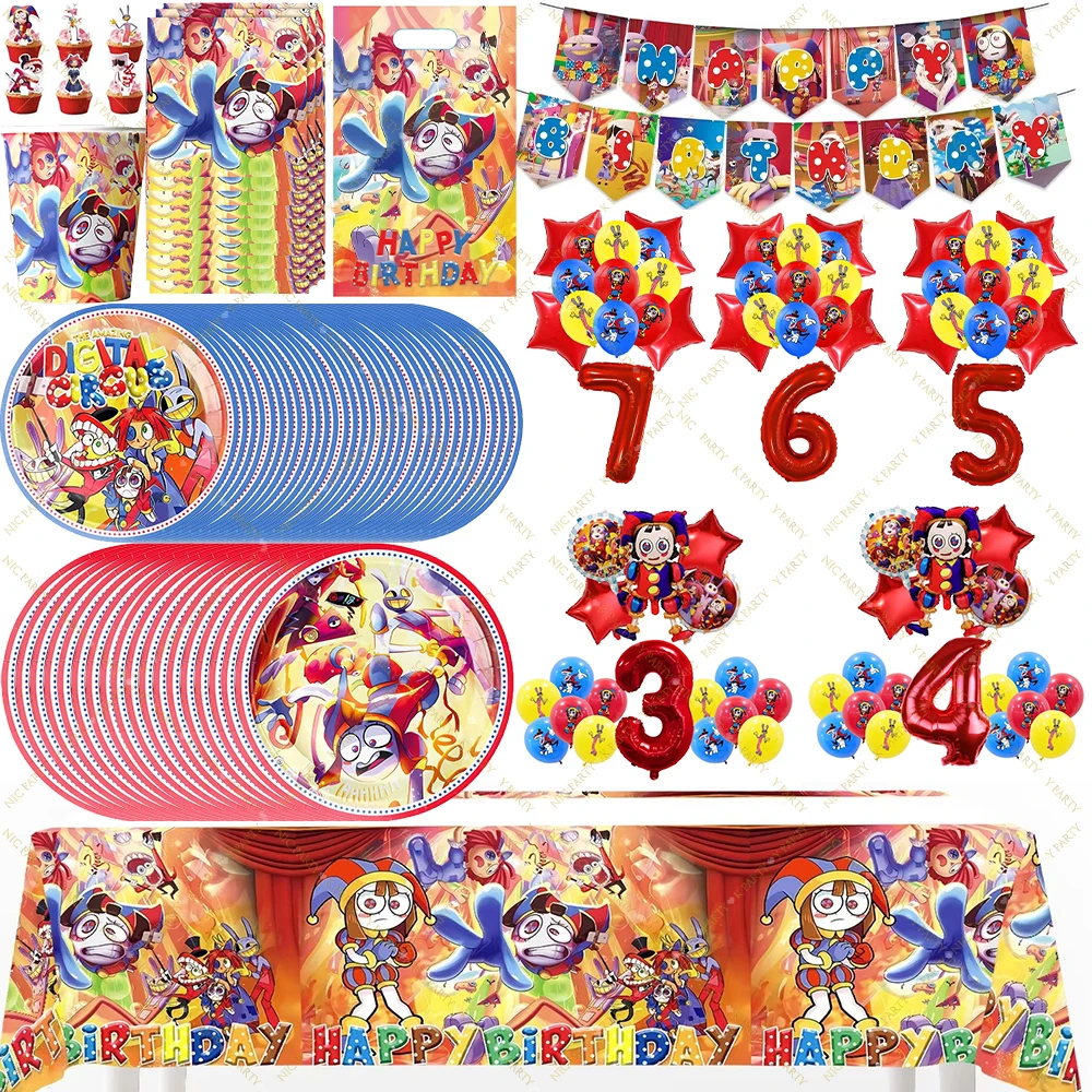 Erstaunliches Geburtstagsdekorations-Set mit Digital Circus Ballons, Tassen, Teller, Servietten, Topper, Fotobox und Babyparty-Zubehör