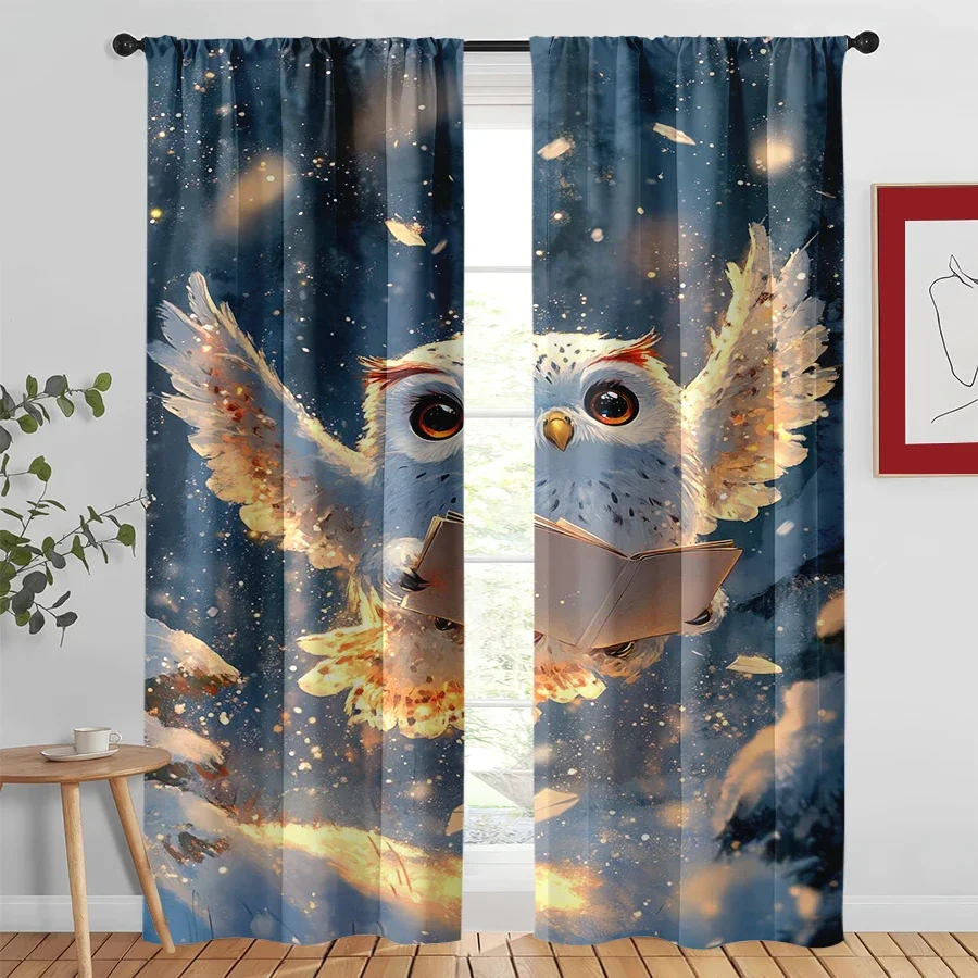Whimsical Owl Reading Book Forest Night Curtain Window Drapes Aesthetic Home Decor Curtain