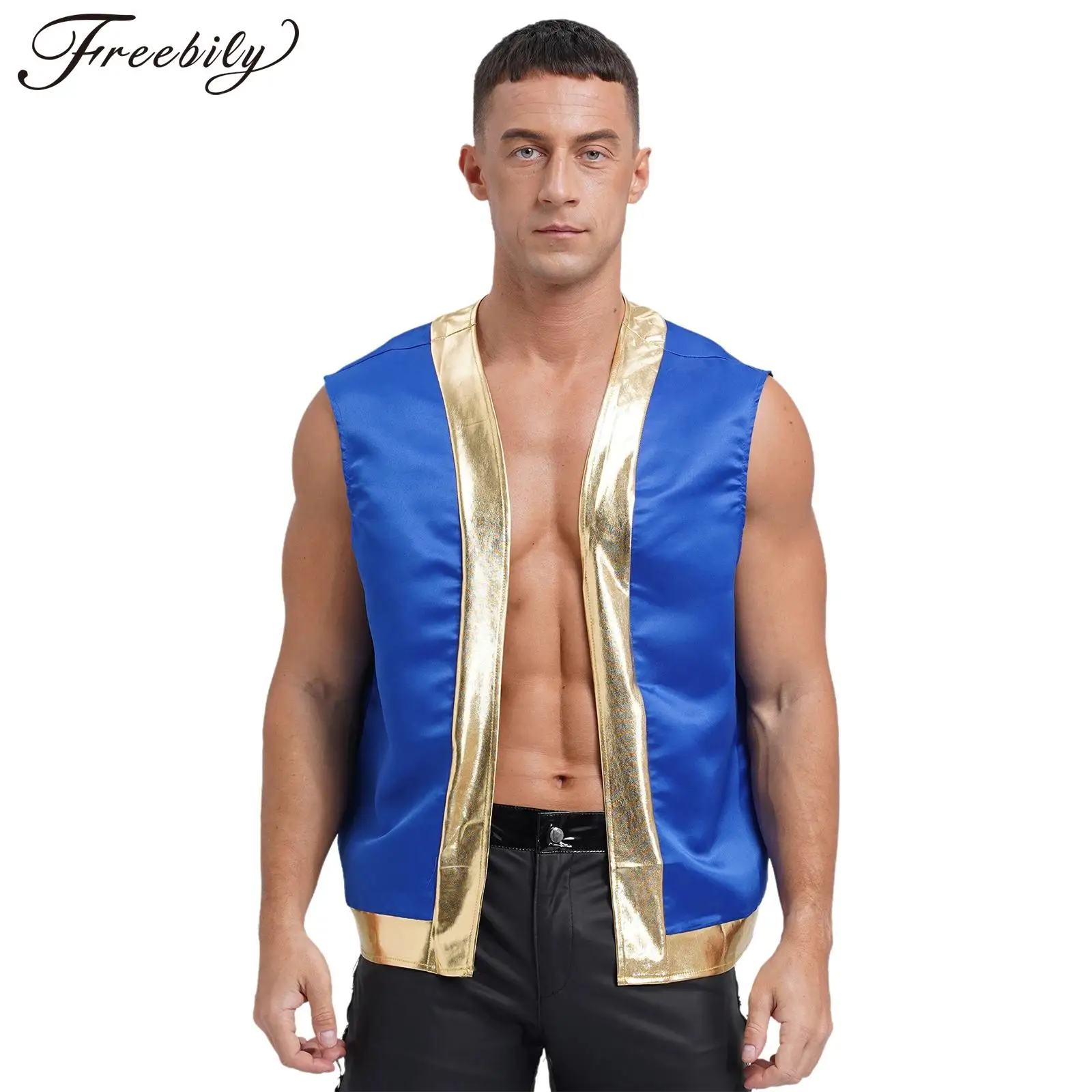 Men Halloween Toad Cosplay Costume Open Front Metallic Shiny Trim Vest Waistcoat Theme Party Cartoon Captain Role Play Clothes