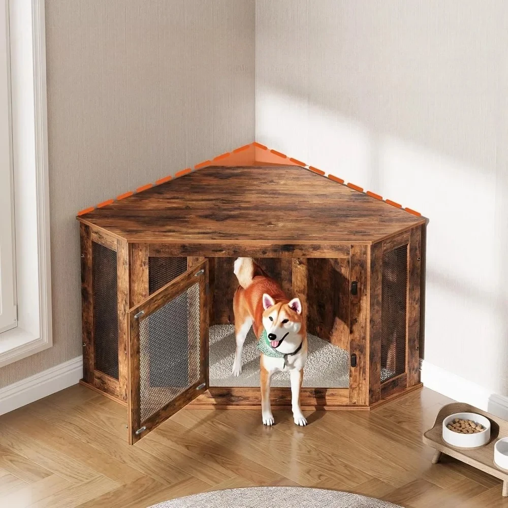 

Corner Dog Crate Furniture, Wooden Dogs Kennel End Table, Decorative Pet Crate Indoor Use, Furniture Style Dogs House