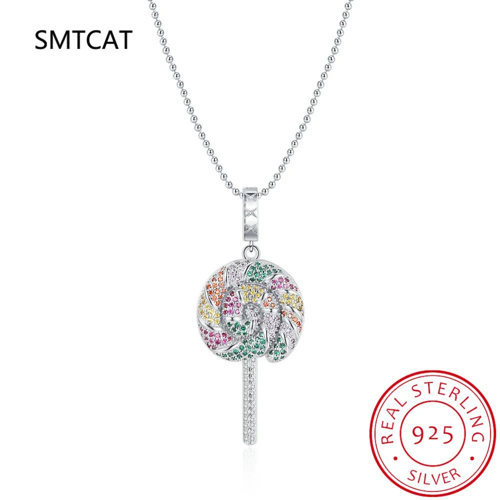 Full Moissanite Diamond Necklace 925 Sterling Silver Sweet Rainbow Lollipop Pendant Necklace For Women Party Bridal Fine Jewelry