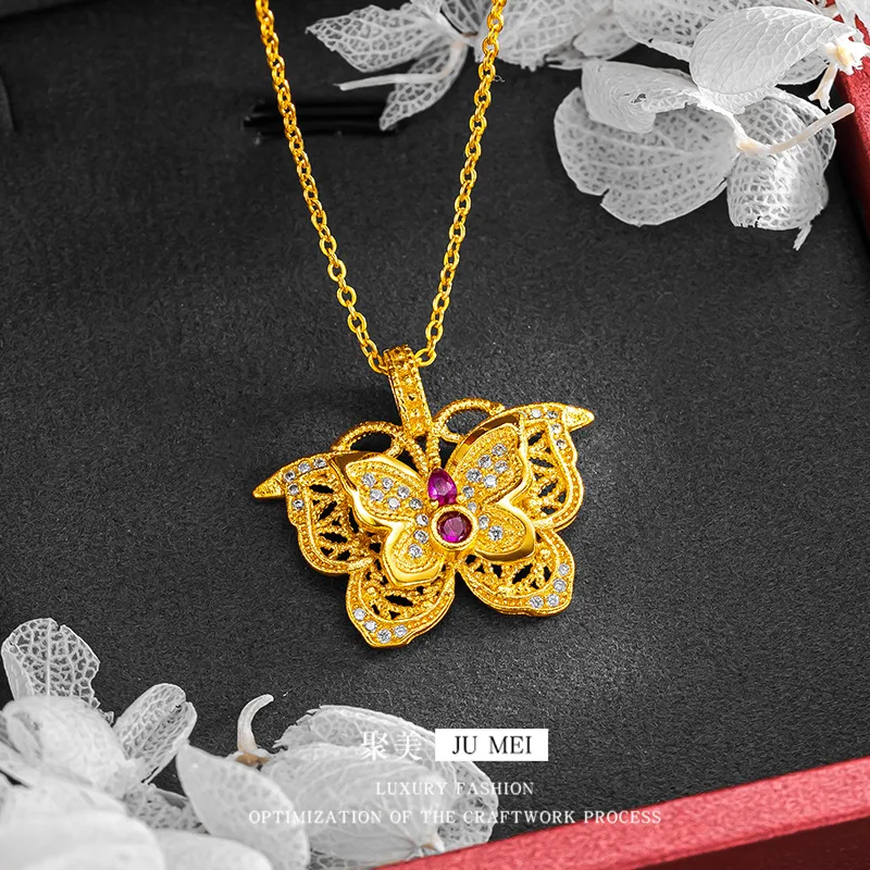 Viora Jewelry Luxury 24K 9999 Pure Gold real gold Silk Hollow Ruby Butterfly Pendant Butterfly Necklace Women's Clavicle Chain