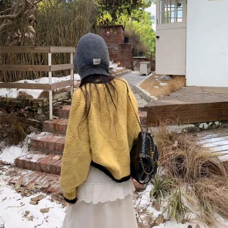 الملابس النسائية لطيف هوك زهرة سترة محبوك خمر الخريف الشتاء الألوان المتناقضة المرقعة سترات فضفاضة غير رسمية