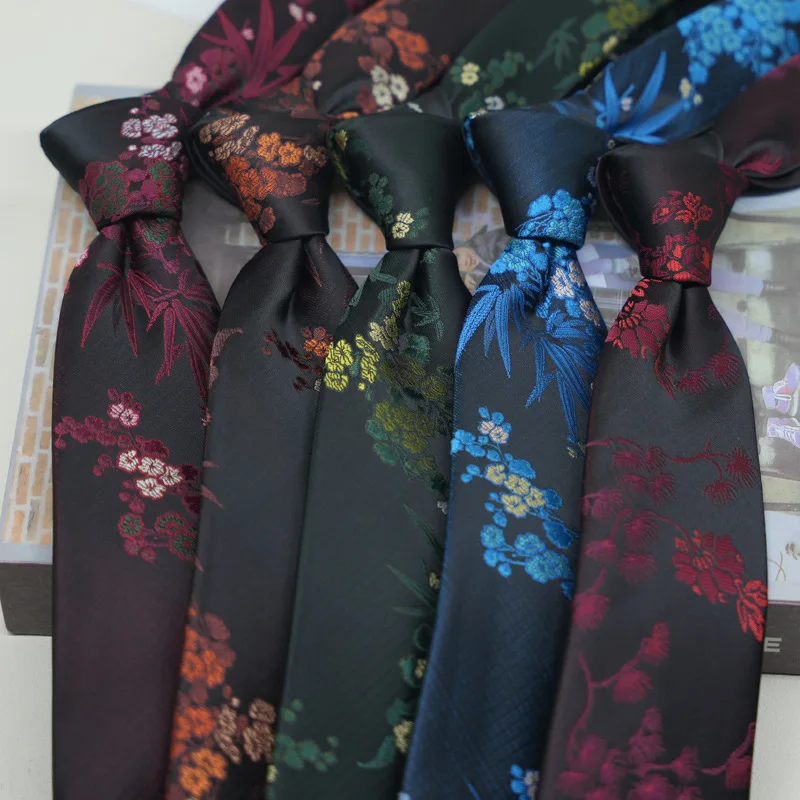 Men's Chinese Style Tie Bamboo & Peach Blossom Pattern Vintage Jacquard Necktie Elegant Dark Suit Accessory for Wedding Business