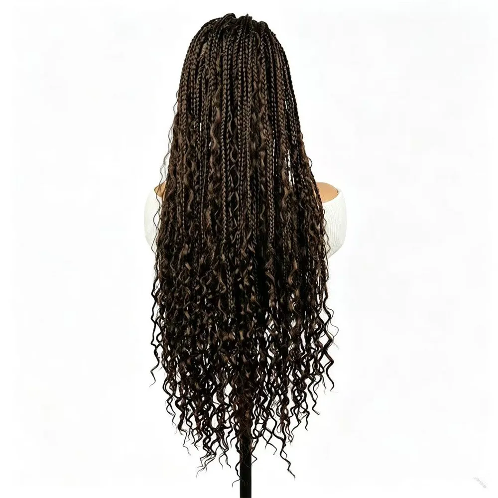 32 Inch Box Braid Wig for Women Lace Frontal Synthetic Curly Ends Low Temperature Wig 475g Daily Party Use