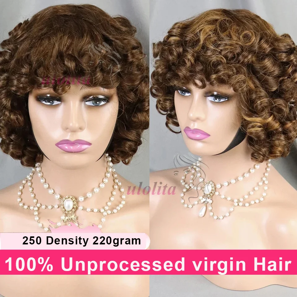 12A Raw Donor #4 Chocolate Brown Rose Curly Wig With bangs fumi Unprocessed Vietnamese Double Drown Bouncy Wave Full Machine Wig