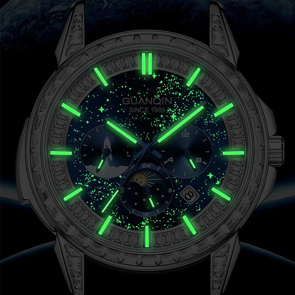 GUANQIN 5ATM Waterproof Luminous Watch Moon Phase Dial Sapphire Mirror Trends Business Luxury Men Automatic Mechanical Watch