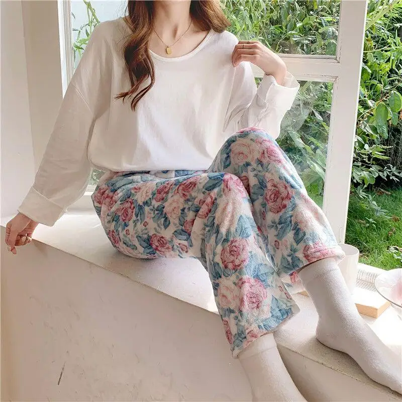 

Горячая женская пижама из кораллового флиса, брюки для девочек, свободная толстая одежда для отдыха, осенне-зимняя бархатная домашняя одежда, верхняя одежда, допамин, новинка