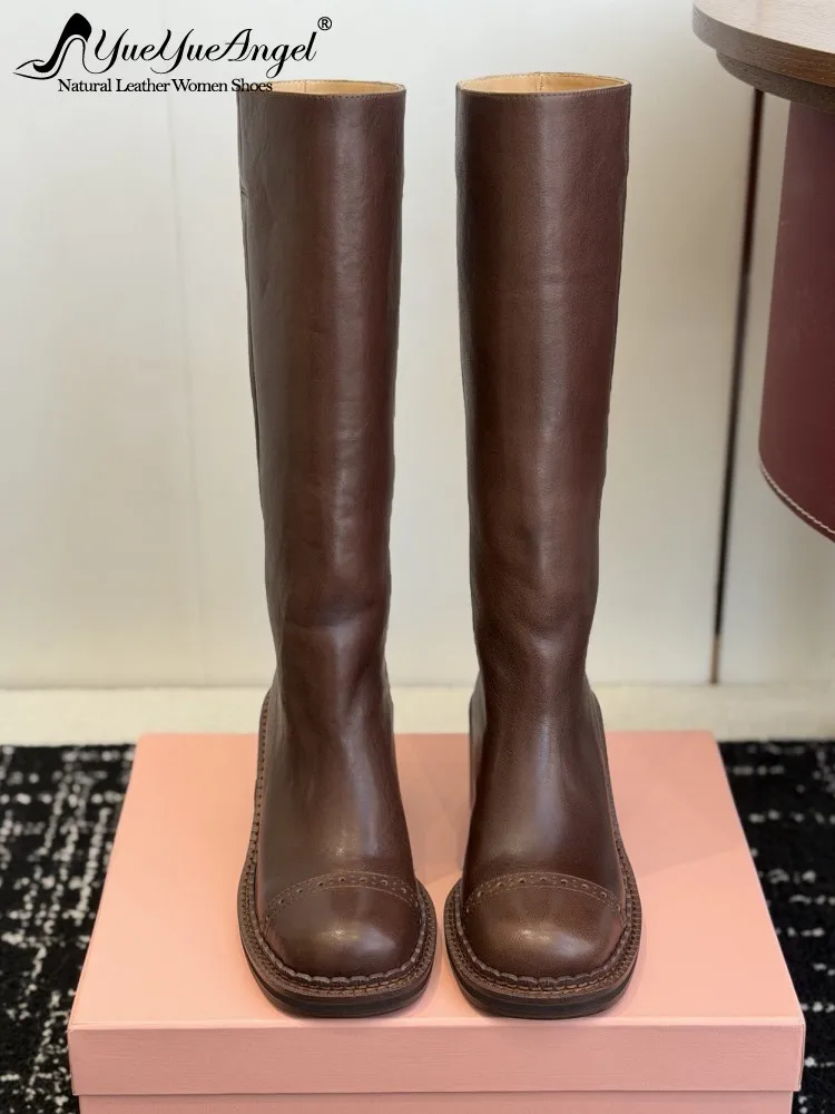 Elegant Women New Cowhide Genuine Leather Knee High Knight Boots Vintage Block Heels High Top Slip On Motorcycle Riding Boots