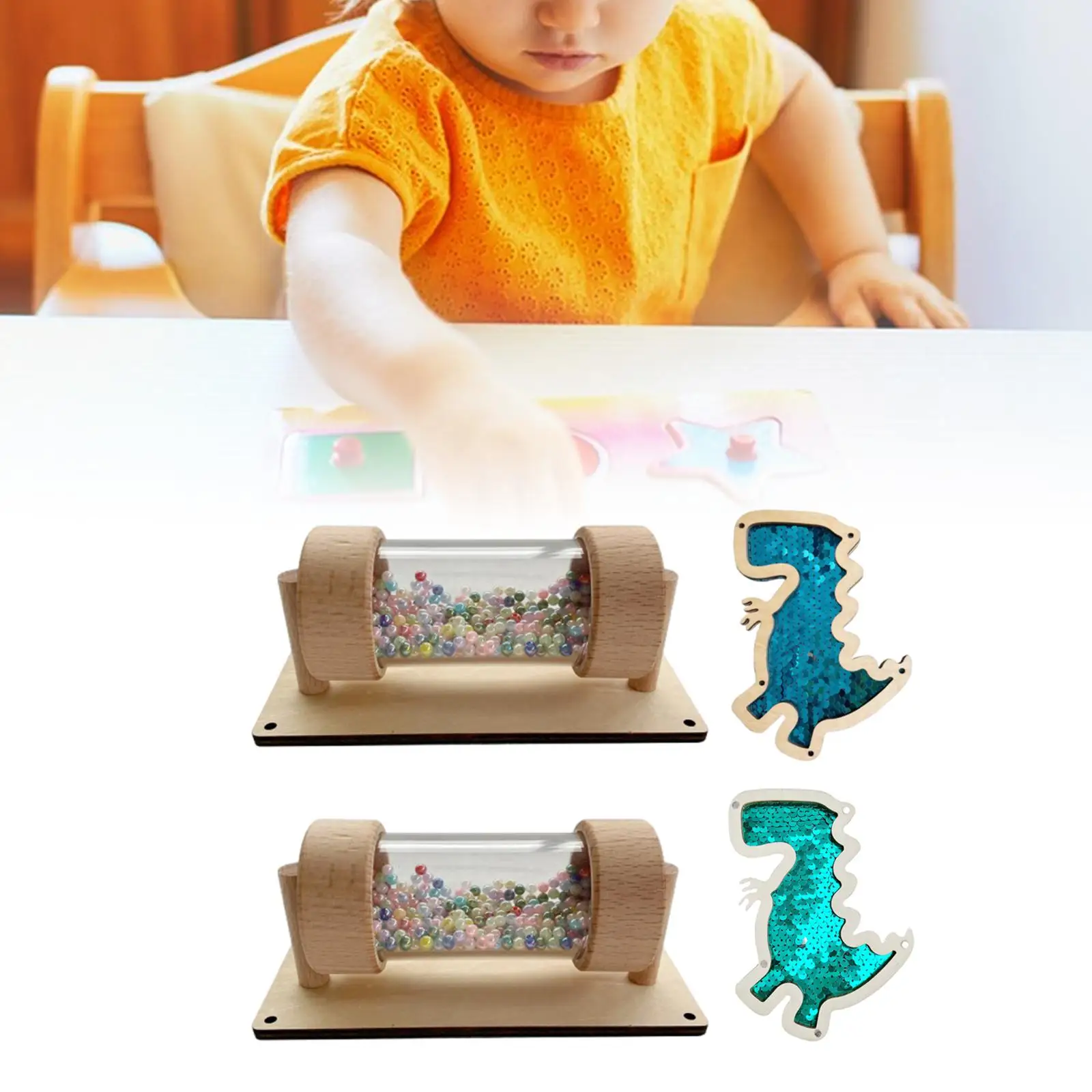 DIY Montessori Rainmaker Busy Board Part Wooden Sequined Dinosaur Sensory Rattle for Toddlers Fine Motor