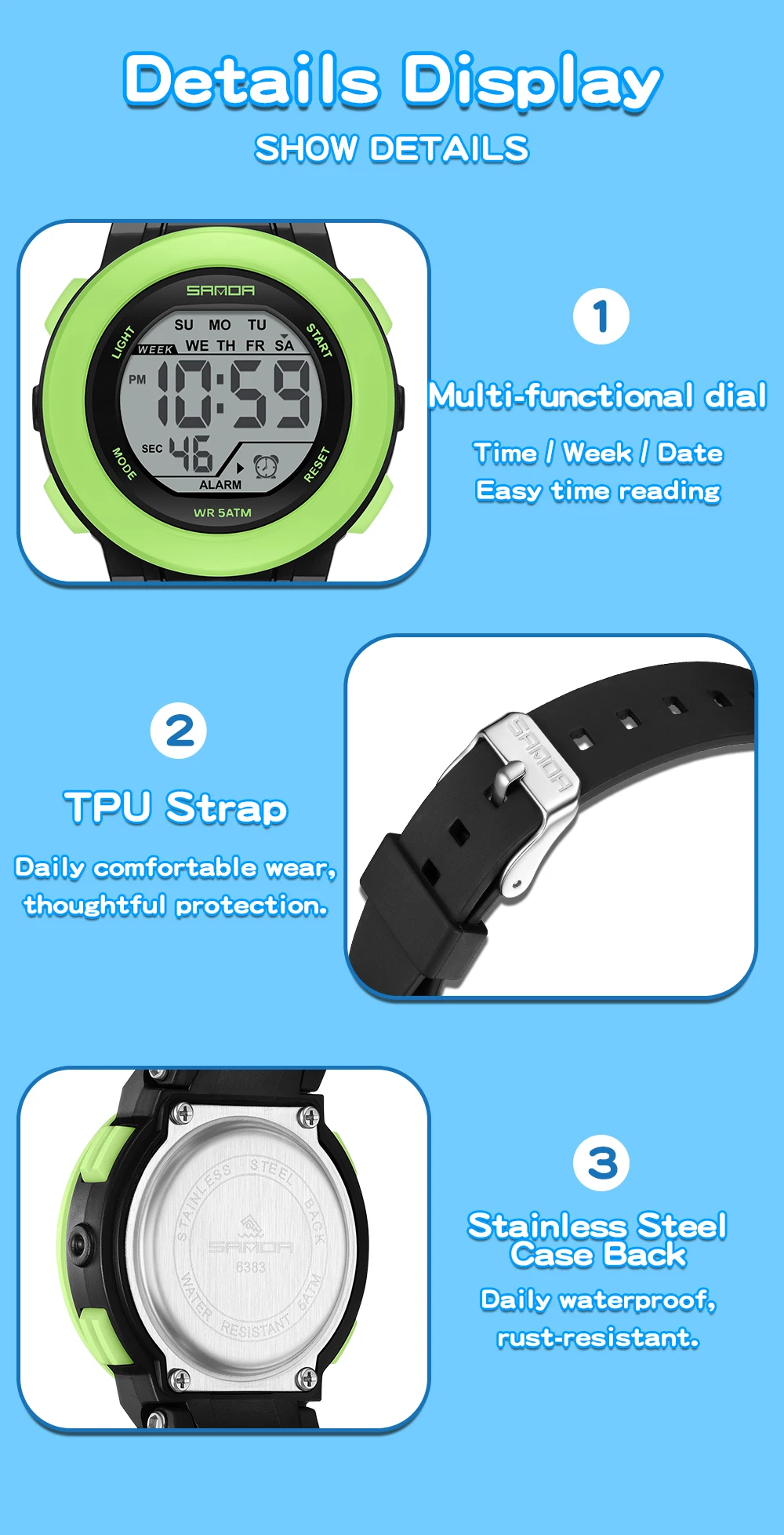 SANDA New 6383 Multifunctional Color Light Watch for High School Students' Sports, Men's and Women's Electronic Watches