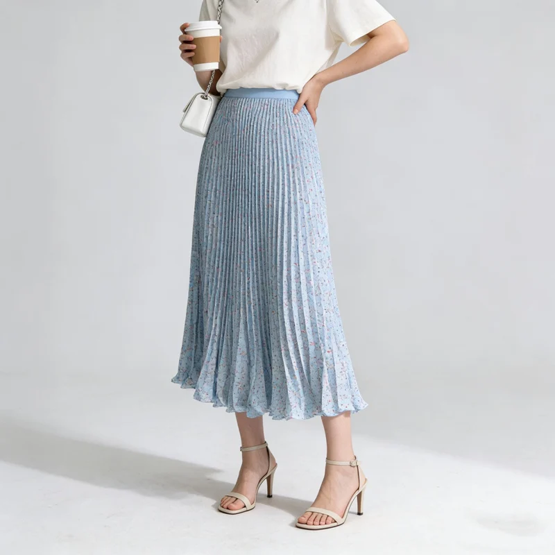 Spring Summer Long Pleated Skirt Women Casual Elastic High Waisted Flower A-line Work Dance Beach Skirt Maxi