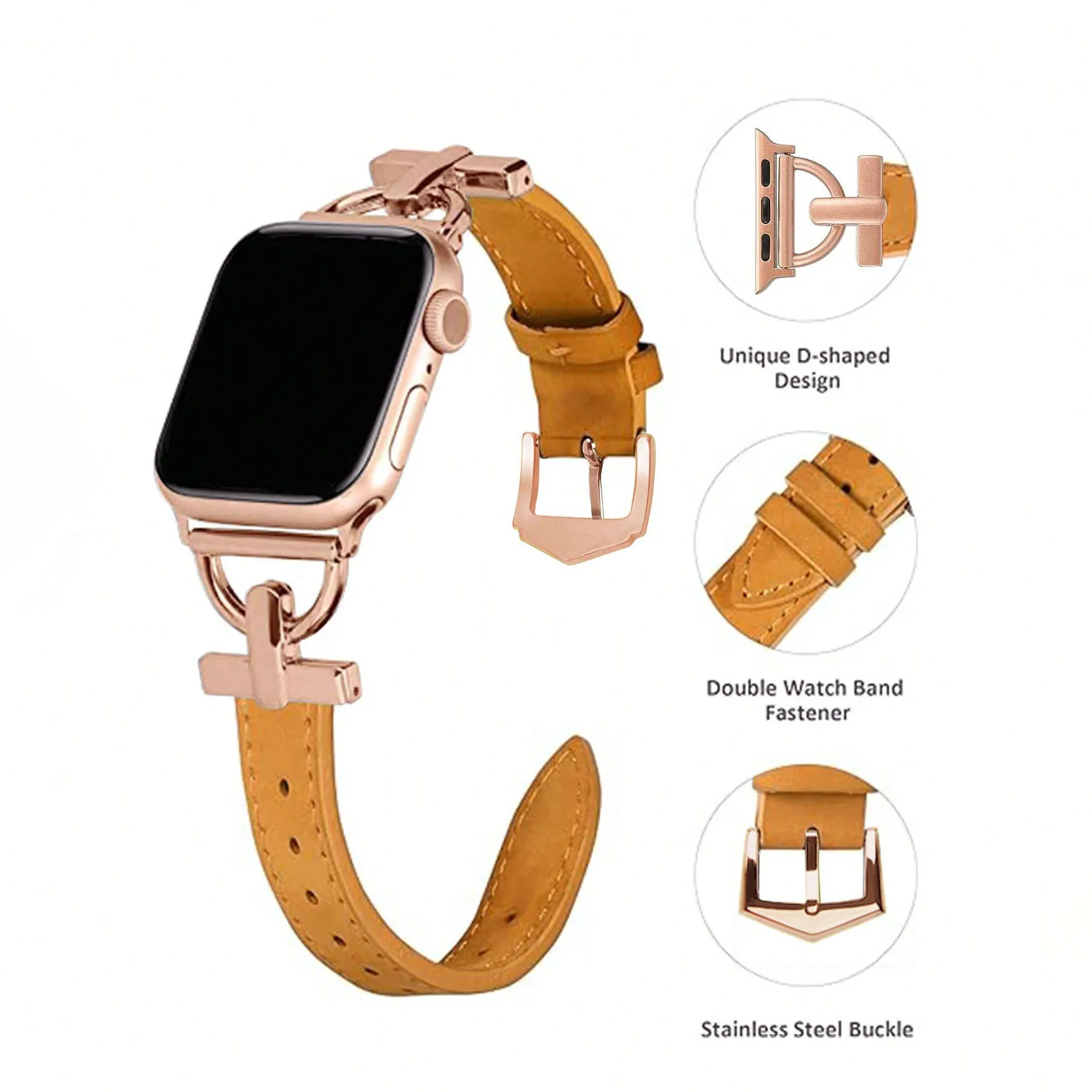 Suitable for Apple watch ultra21ses987654321 series 38404142444549mm rose gold metal D-shaped decoration brown soft leather band