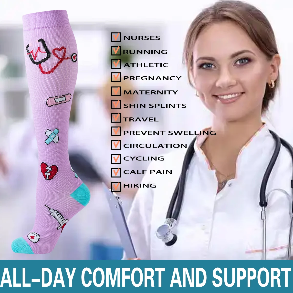 6 ペア卒業循環アスレチックナース圧縮ソックス女性男性かわいいハート柄通気性ニーハイソックス女性 Spo