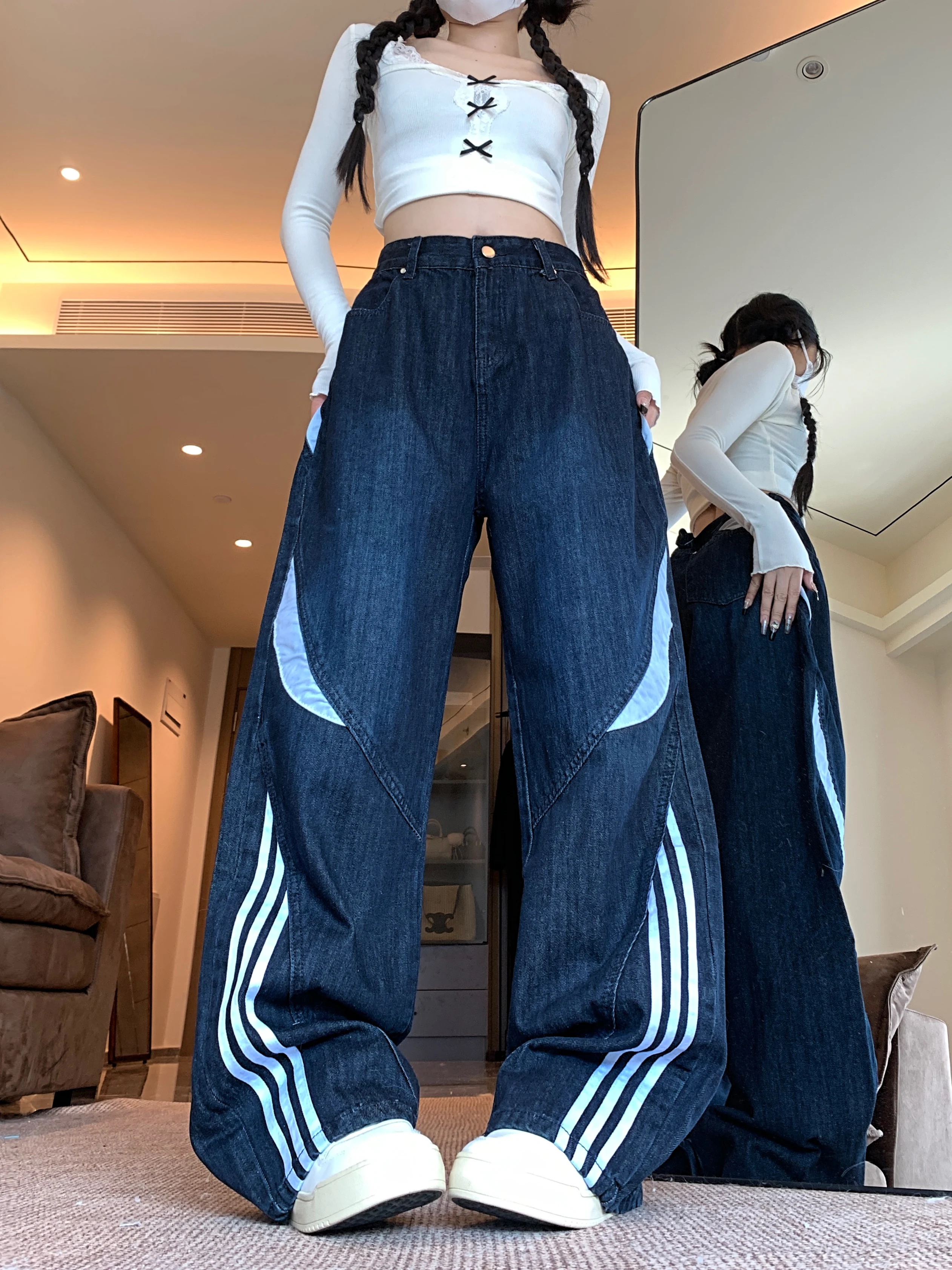 

Джинсы с нашивками по бокам для женщин, осенние новые утягивающие широкие брюки High Street