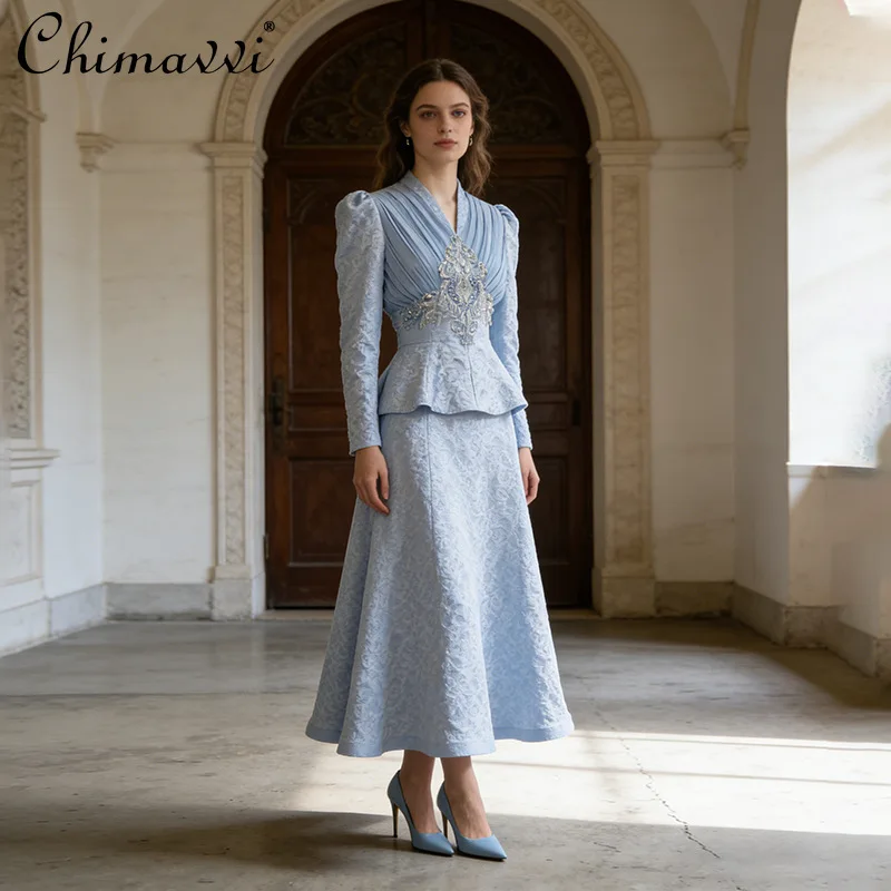 

French Vintage Elegant V-neck Beaded Embroidered Long-sleeve Top High-waisted Slim-fit Skirt Two-piece Set for Women Spring 2026