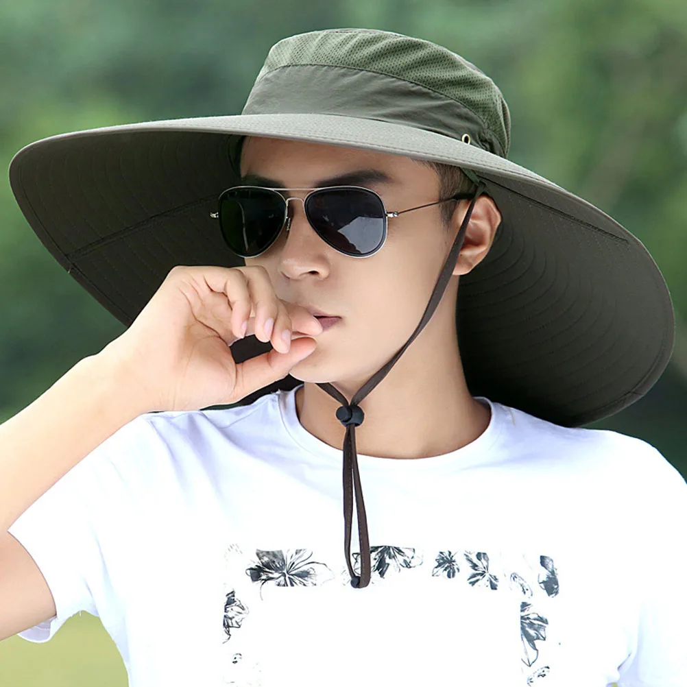 

1pc Sun Hat Men's Fishing Cap Wide Brim Lightweight UV Protection Breathable Quick Dry Adjustable Army Green Outdoor for Camping