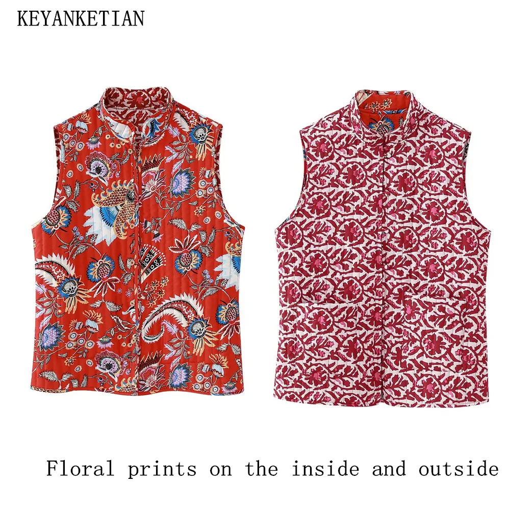 

KEYANKETIAN Autumn New Women's Inside Out Floral Printed Quilting Vest Single Breasted V-Neck Sleeveless National Crop Top