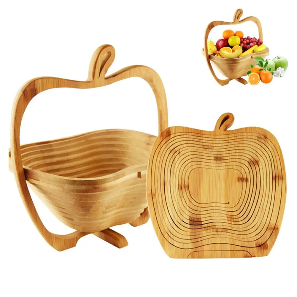 Natural Bamboo Foldable Fruit Basket Creative Apple Shaped Fruit Bowl Multifunction Heat Resistant Bamboo Trivets Pot Mat