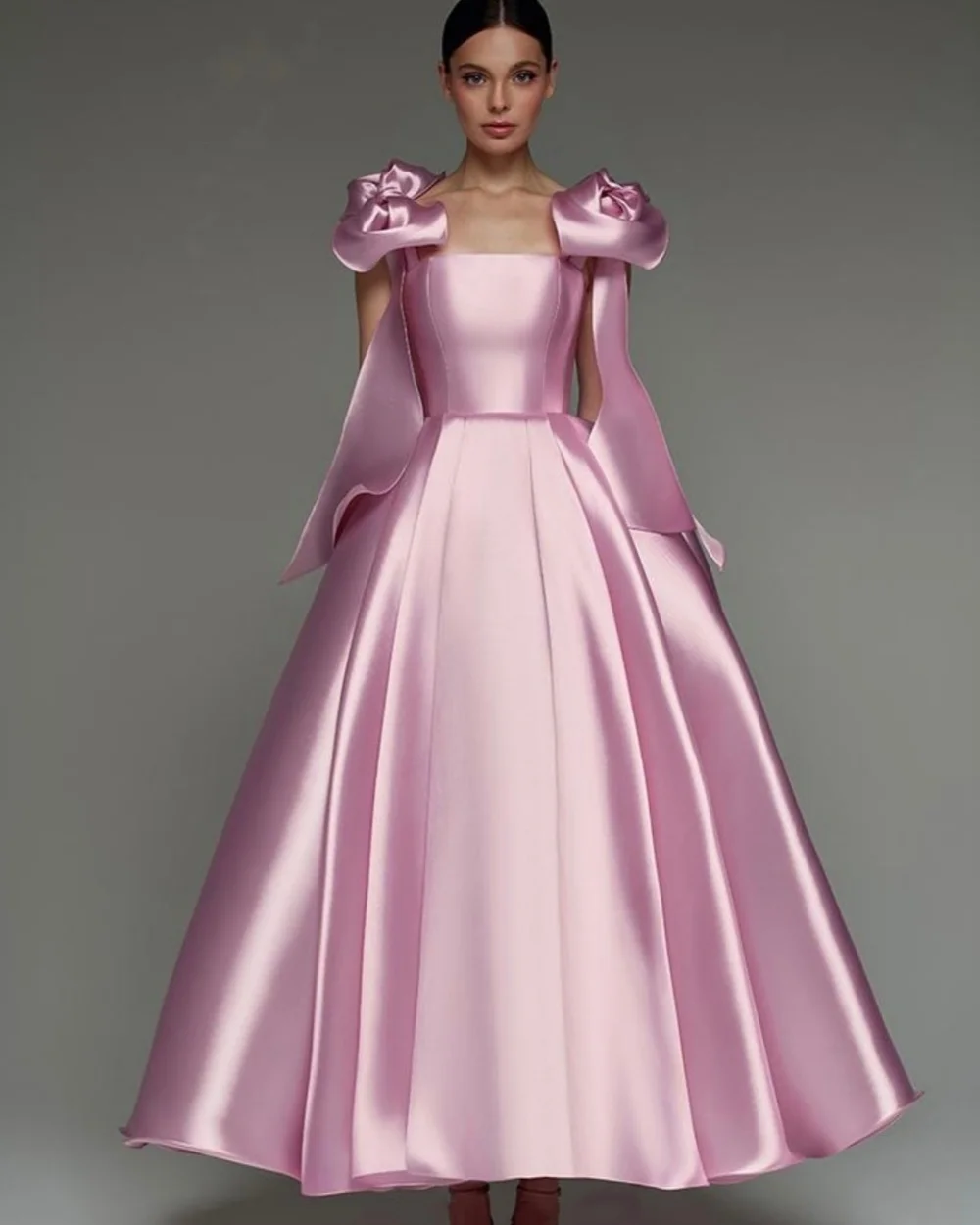 

Customized High Quality Classic Charmeuse Ruched Bow A-line Strapless Ankle Length Dresses Bespoke Occasion Dresses Matching