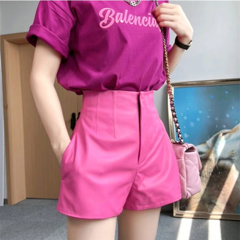 

Classic Simple Imported Lambskin Shorts For Women Femme Elastic Waist Wide Leg Pocket Bermuda Leather Wide A-line Pants