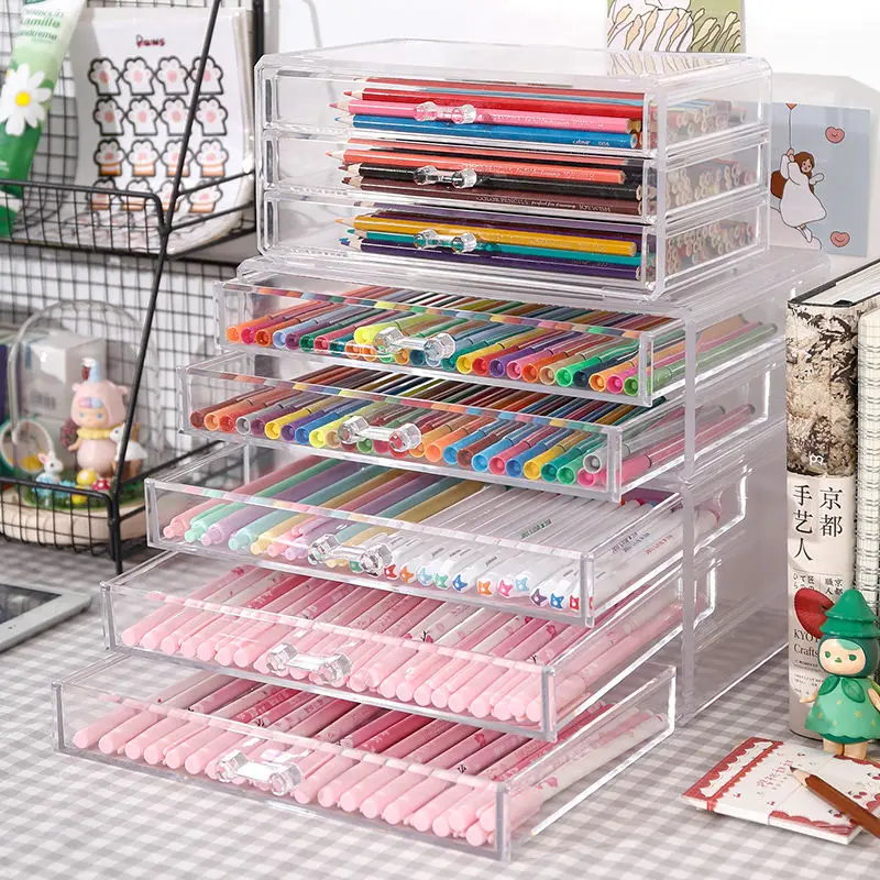 

Acrylic Transparent Stationery Storage Boxes Make Up Organizer for Cosmetics Brush Organizer Home Storage Drawers Type Desk