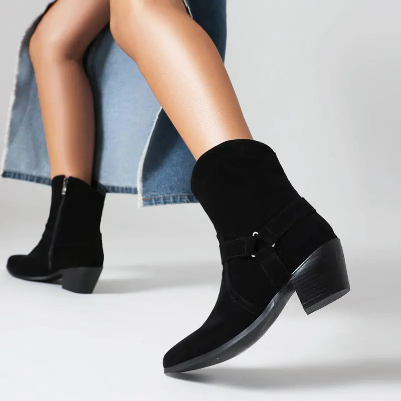 

ORCHALISA Women Ankle Boots Flock Suede Round Toe Chunky Heels Décor Size 48 49 50 Fashion Booty