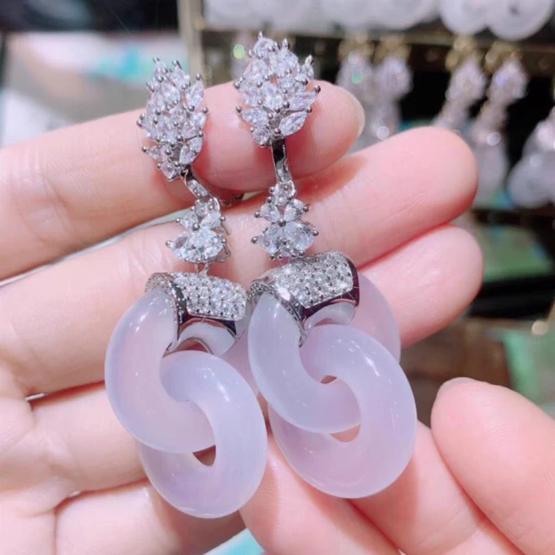 New natural hetian jade Interlocking pink earrings for women luxury and romantic present engagement dinner Silver jewelry