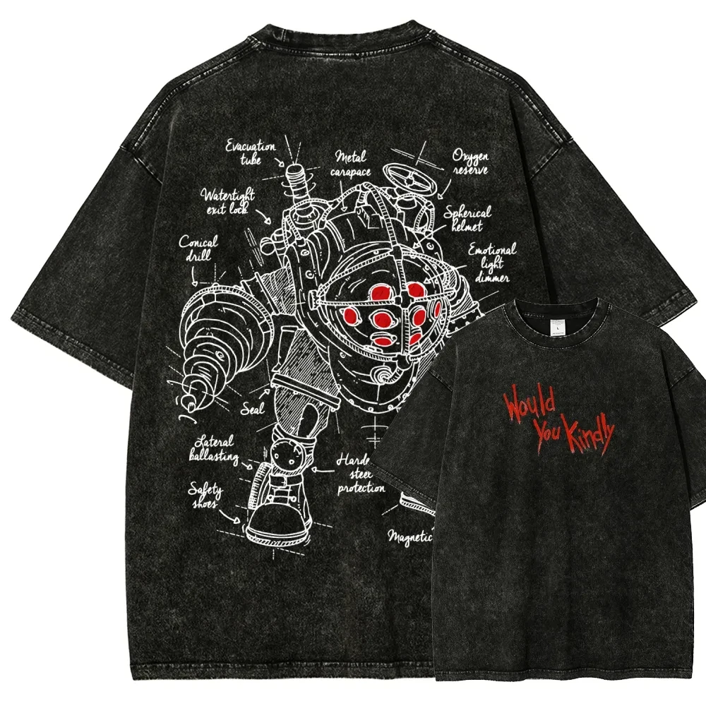 Camiseta clásica retro con estampado gráfico de Bioshock, camiseta Harajuku para hombre y mujer, camiseta Vintage de algodón lavado