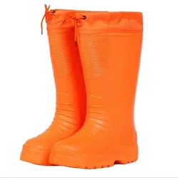 Fashion Leather Shoes Men Winter Long Waterproof Snow Boots Rubber Rianboots Plus Velvet EVA Rain Boots Lightweight Non-slip