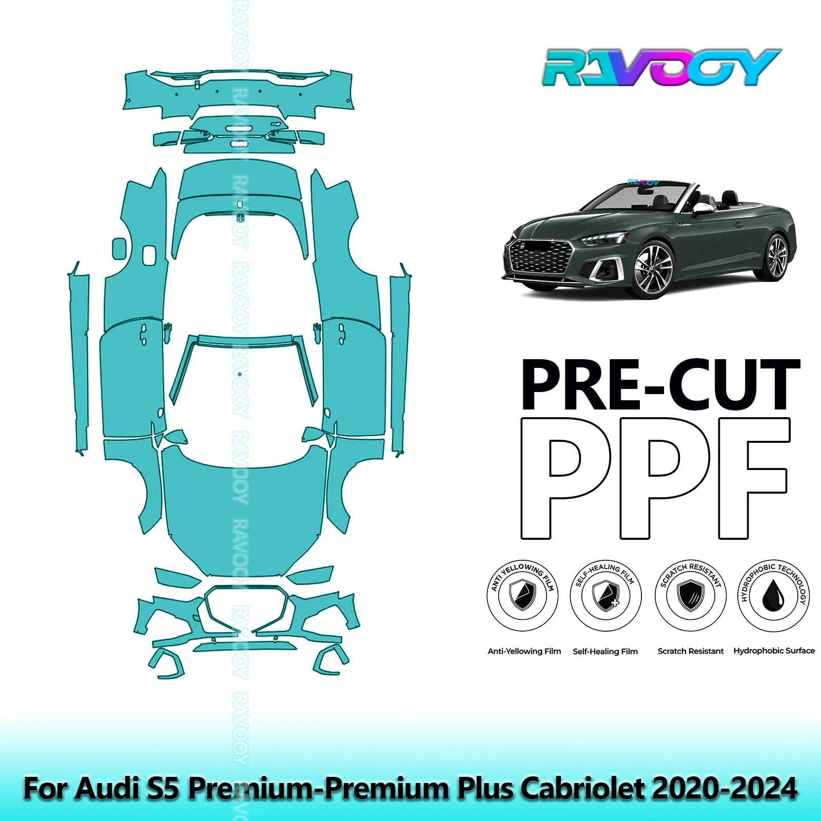 

Полный автомобильный прозрачный бюстгальтер, предварительно вырезанная защитная пленка PPF для Audi S5 Premium-Premium Plus Cabriolet 2020-2024