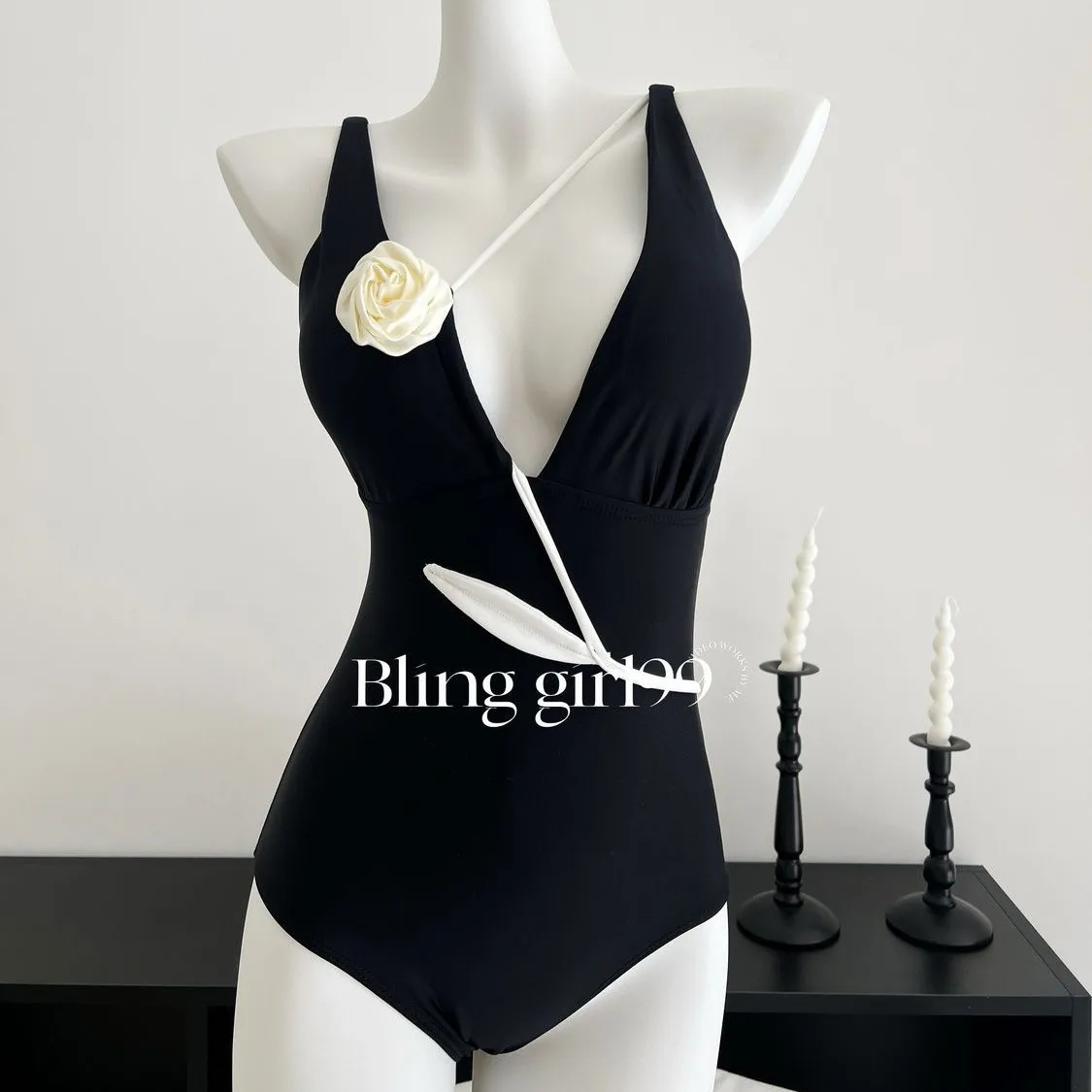 

Women Summer Black Rose French One-Piece Backless Slim Swimsuit Women Deep V Swimwear Top Clothes for Swimming Pool Clothing