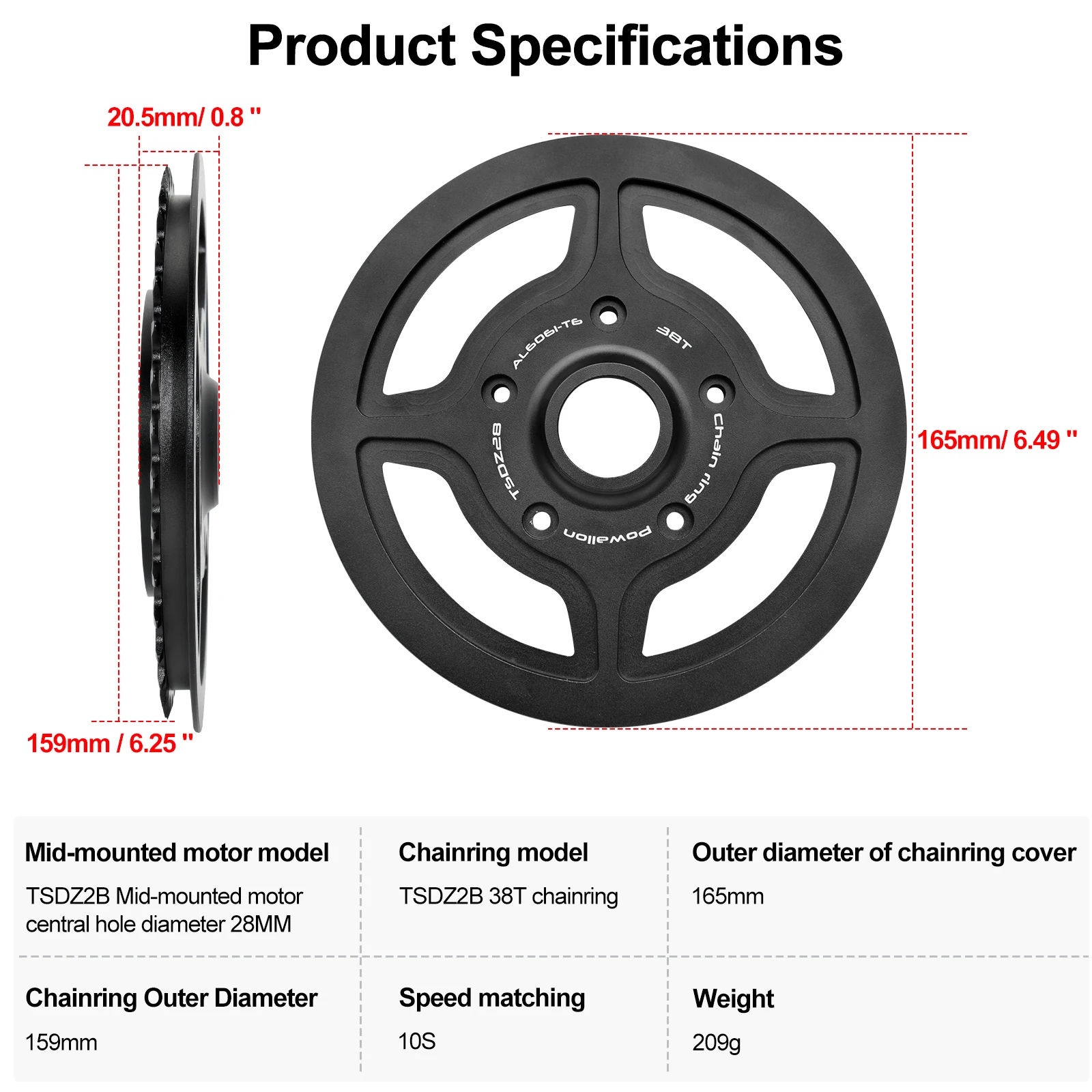 Chainring TSDZ2B 38T CNC Chainring with Guard Conversion Kits for TONGSHENG TSDZ2B E-Bicycle E-Bike Aluminum Alloy