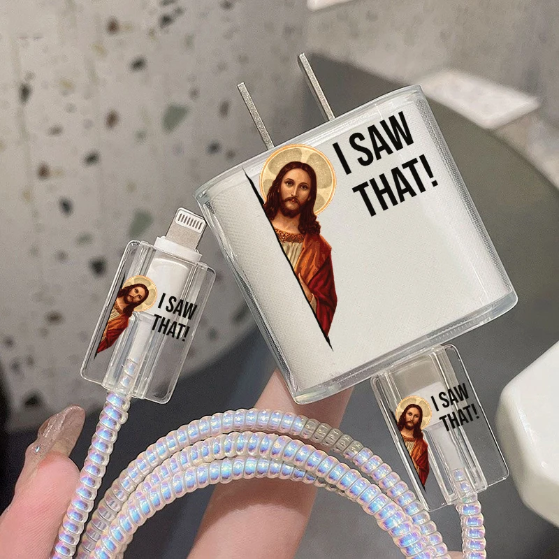 Funny Jesus I Saw That Meme Protection Case for IPhone 15 14 13 Pro Max 18/20W Charger&Charging Protector Data Wire Winder